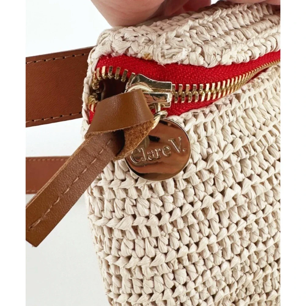 Clare V. Woven Raffia Belt Bag Fanny Pack Leather Belt Adjustable Small - Picture 4 of 9